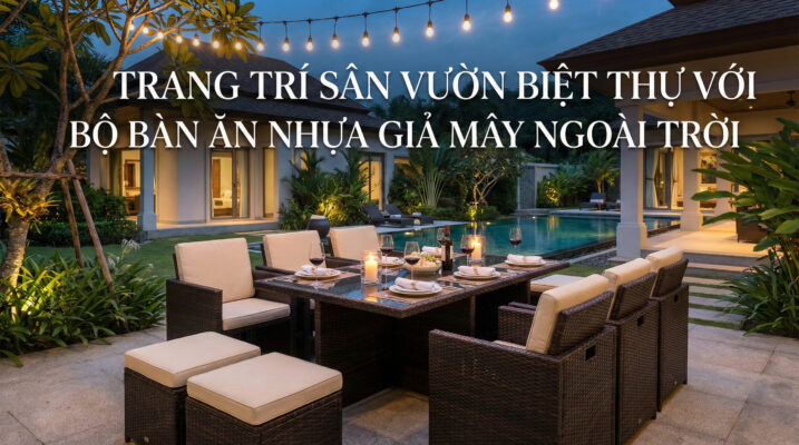 Bộ bàn ăn nhựa giả mây sang trọng trang trí sân vườn biệt thự vào buổi tối