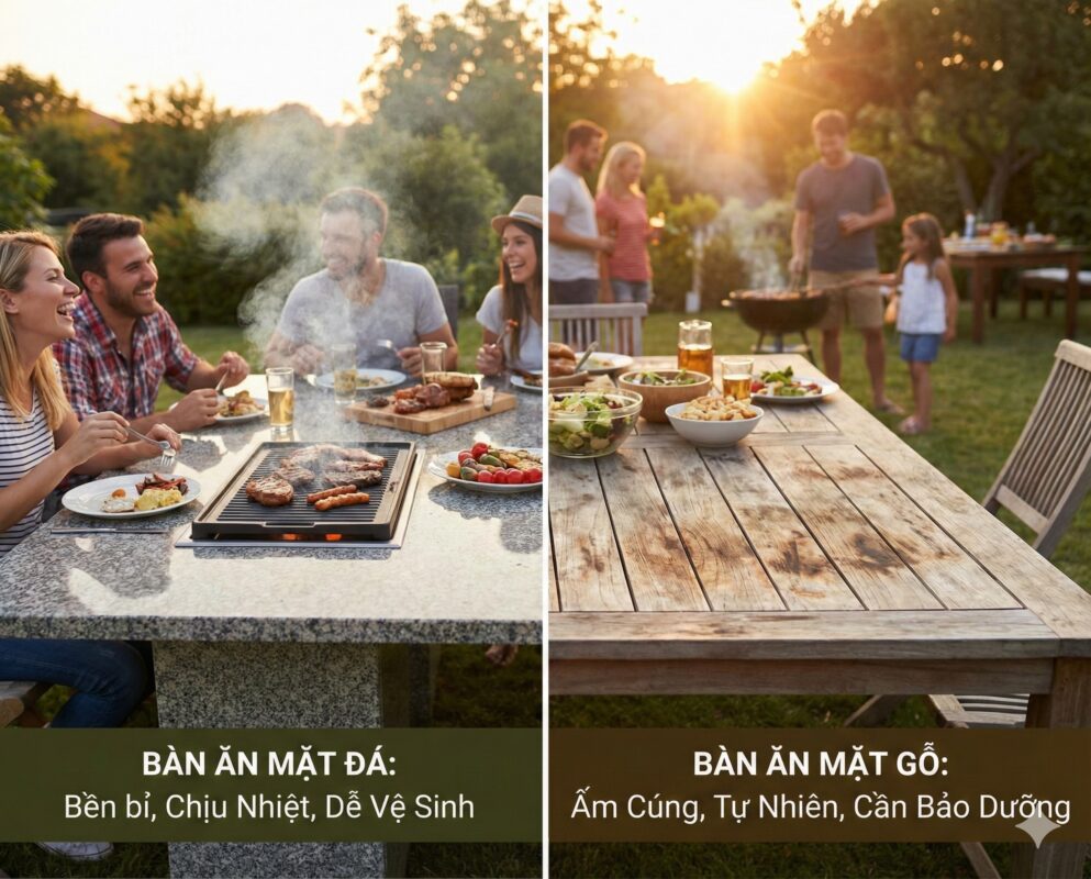 Nên chọn bàn ăn mặt đá hay mặt gỗ ngoài trời
