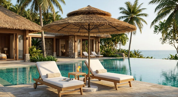 ô dù giả rơm cao cấp cho khách sạn, resort, hồ bơi