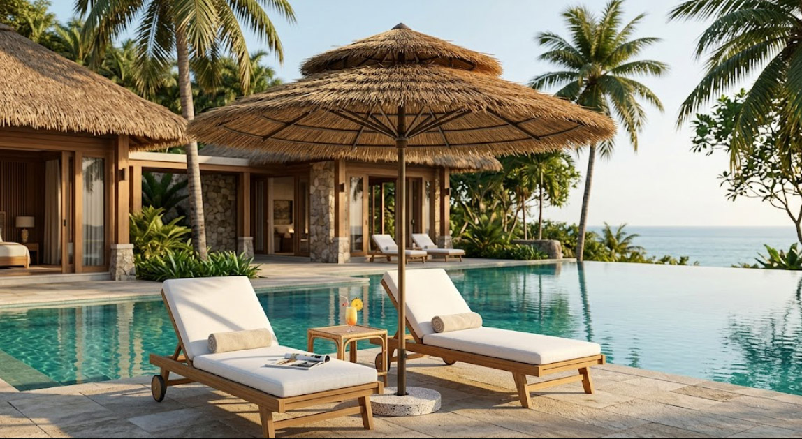 ô dù giả rơm cao cấp cho khách sạn, resort, hồ bơi