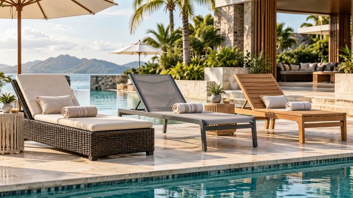 Ghế hồ bơi mây nhựa, nhôm Textilene hay gỗ Teak: Nên chọn vật liệu nào?