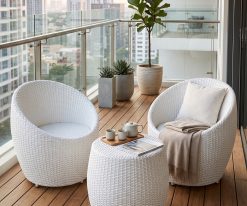 Bộ bàn ghế ban công mây nhựa HN106 màu trắng gồm hai ghế và một bàn
