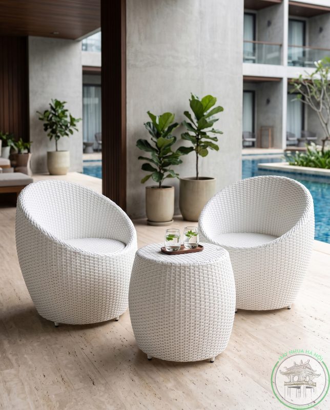 Ghế mây nhựa HN106 màu trắng dùng cho ban công và không gian ngoài trời