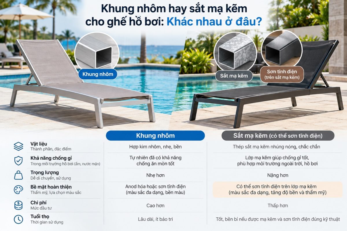 ghế hồ bơi khung nhôm vs khung sắt mạ kẽm